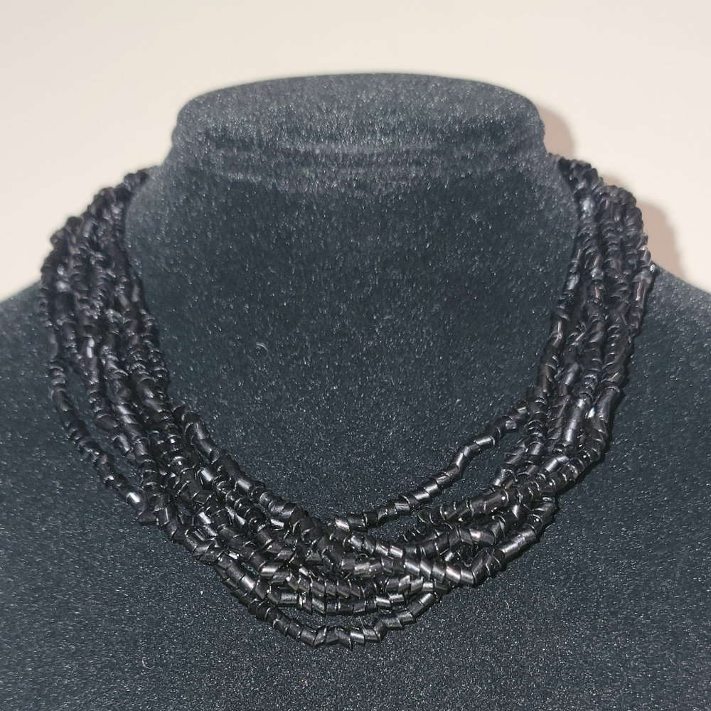 Vintage 8 Strand Black Glass Bead Necklace Silver Tone 16”